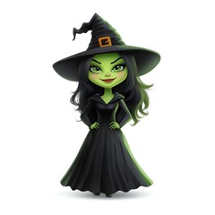 A 3D isolated cartoon character of a Halloween witch with a green face on a white background