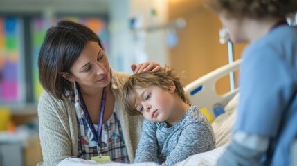 Comfort and Care: A tender scene unfolds in a hospital room, where a compassionate caregiver offers solace to a child. The image conveys a sense of support, vulnerability.