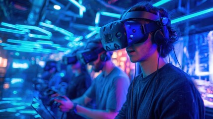 Immersive Virtual Reality Experience: Individuals fully immersed in a virtual reality environment, wearing advanced VR headsets, surrounded by vibrant, neon-lit surroundings.