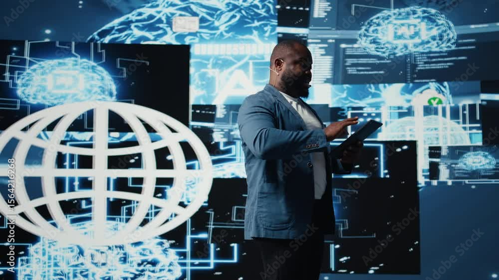 Aufkleber african american male specialist presenting deep learning ai systems, ensuring robotics for automati