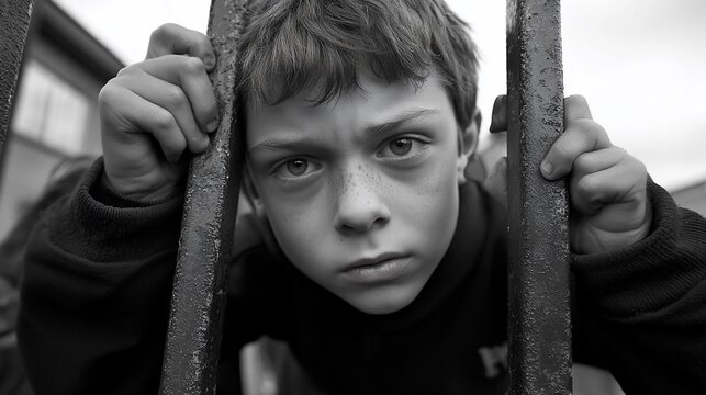 The melancholic gaze of a young boy through iron bars conveying isolation