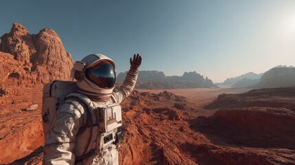 Lunar Explorer's Salut: A solitary astronaut waves from the surface of an alien planet. The panorama shows vast terrain, echoing the spirit of exploration and scientific discovery.