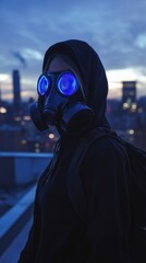 Woman in gas mask on rooftop at night