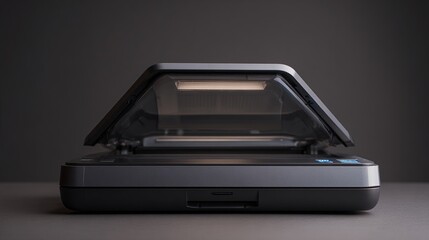Scanner device open on table against gray background, ready for scanning documents or media