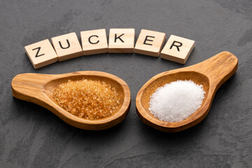 White and brown sugar in two spoons - Word sugar translated into German