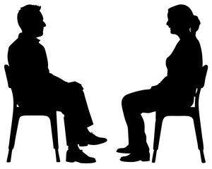 Male and female silhouettes seated on chairs in profile, clean vector