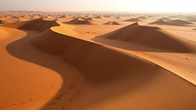 Golden hour illuminates the majestic sand dunes of the Arabian Desert, showcasing the undulating landscape at sunrise.