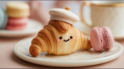 Cute croissant smiles with beret. Pink macaron sits beside on plate. - Powered by Adobe
