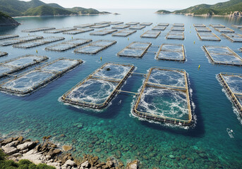 Dense fish farm cages polluting a beautiful natural bay.