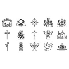Christmas nativity scene religious christian holiday icons vector illustration set design outline art