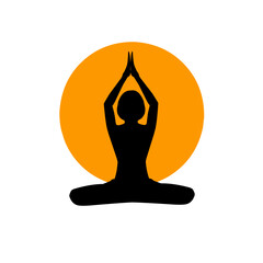 Yoga logo with sun background. yoga silhouette illustration. yoga logo on yellow circle background. yoga icon vector.
