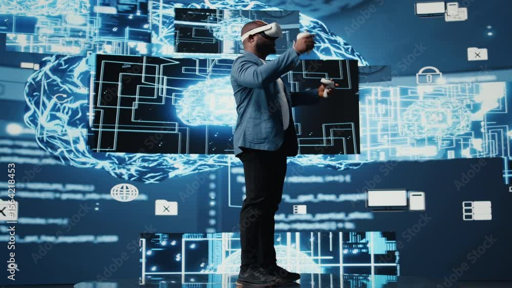 Poster young african american engineer focused on vr headset programming and analytics, surrounded by neura