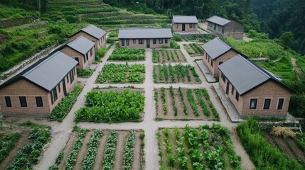 Aerial view of rural homes with gardens.