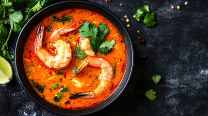 Tom Yum Soup Bowl with Shrimp and Cilantro Asian Cuisine Food Photography