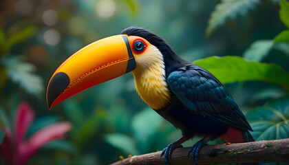 Fototapeta premium Brightly colored tropical bird perched on a branch in a lush forest environment surrounded by dense foliage and natural light
