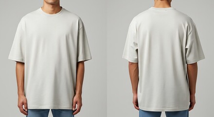 Front and back view of a male model wearing a blank, oversized off-white heather t-shirt. (AI Generated)