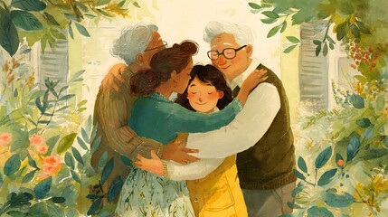 Watercolor painting depicting a loving family reunion hug with grandparents, mother, and child, filled with warmth and affection.