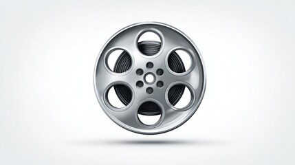 A metallic film reel with a dark film strip inside, shown against a bright, off-white background, casting a subtle shadow.  It's a classic symbol of cinema and filmmaking