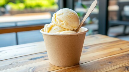 Delicious vanilla ice cream in a cup.