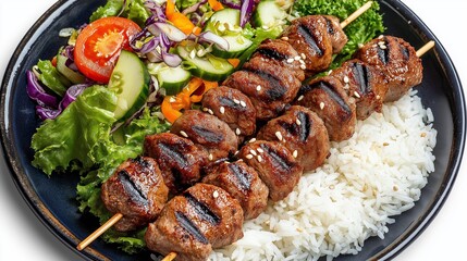 Grilled beef skewers with rice and fresh salad