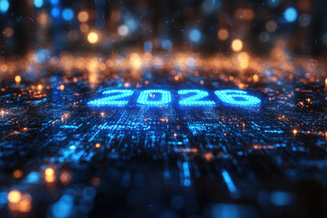 Blue and yellow '' digital text.