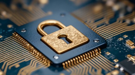 Golden Padlock on Blue Computer Chip Cybersecurity Concept