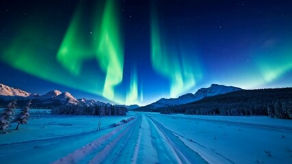 winter landscape with snow and aurora - Powered by Adobe