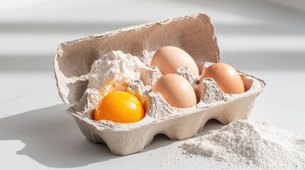 Fresh eggs and flour in a carton.