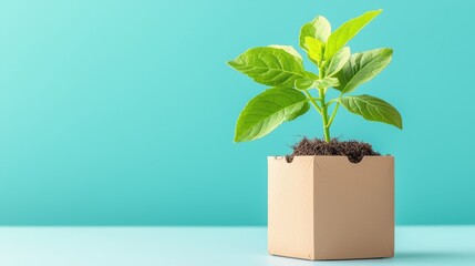 Fresh green plant in modern pot on blue background.