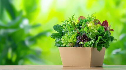Fresh herbs in a box on wooden table.