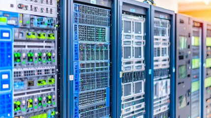 Data Center Servers Blue Network Equipment Racks with Lights