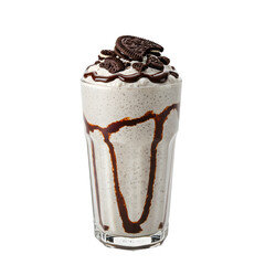 Creamy cookies and cream milkshake topped with chocolate and oreos isolated on white or transparent background. PNG for beverage designs, Transparent background PNG