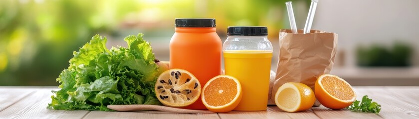 Fresh juices and healthy ingredients on a table.