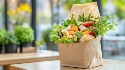 Fresh, colorful salad in a paper bag.