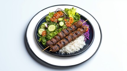 Grilled meat skewers with rice and salad on black plate