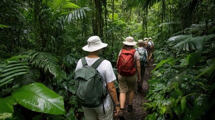 Group hiking through a lush tropical rainforest.