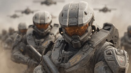 Futuristic soldiers marching with aircraft in the background during a military operation