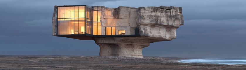 Futuristic house on rocky coast, beautiful design.
