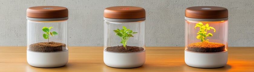 Growing plants in decorative glass containers.