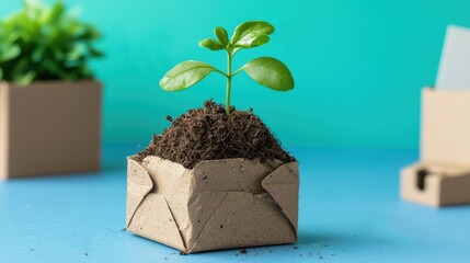 Growing plant in eco-friendly packaging.