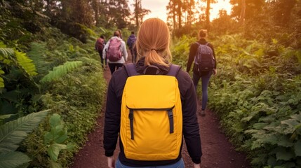 Hikers exploring a vibrant forest trail.