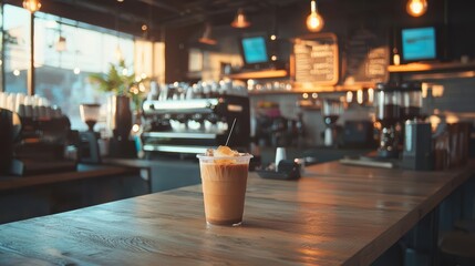 Iced coffee on a wooden table in a cafe.