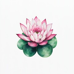 A delicate watercolor painting of a pink lotus flower with green leaves, showcasing soft gradients and fine detailing on a white background.