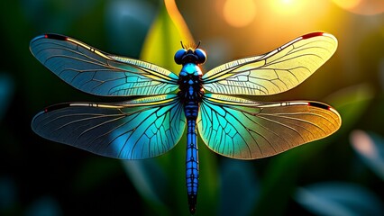 Iridescent dragonfly close-up with intricate wing veins