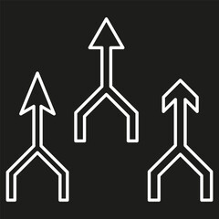 Triple upward arrows. White arrows icon. Directional pointer Vector. On black background.