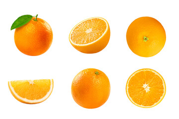 Set of oranges with cut in half and slices isolated on white background.