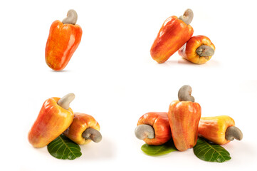 Set of cashew fruits with leaves  isolated on white background.