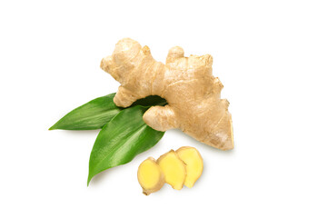 Ginger root with leaves and slices isolated on white background.