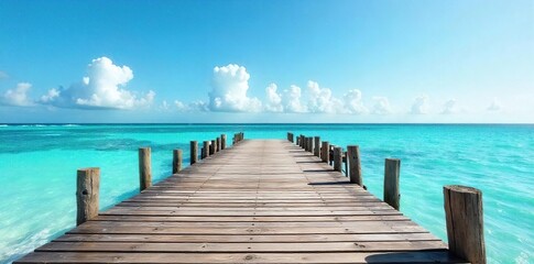 Obraz premium Serene Wooden Pier Extending into Calm Blue Ocean Under Sunny Sky Perfect Coastal Scene for Travel, Vacation, and Website Backgrounds