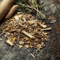 Natural herbal tea ingredients on rustic wood surface still life aromatherapy